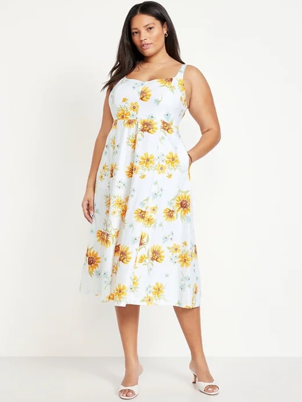 Old Navy White Midi Dress with Yellow Floral Print